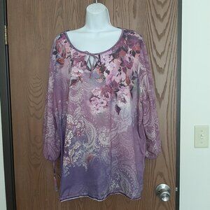 Catherines Floral Paisley Drawstring V-Neck Tunic Top 3X Cold Shoulder Sleeves